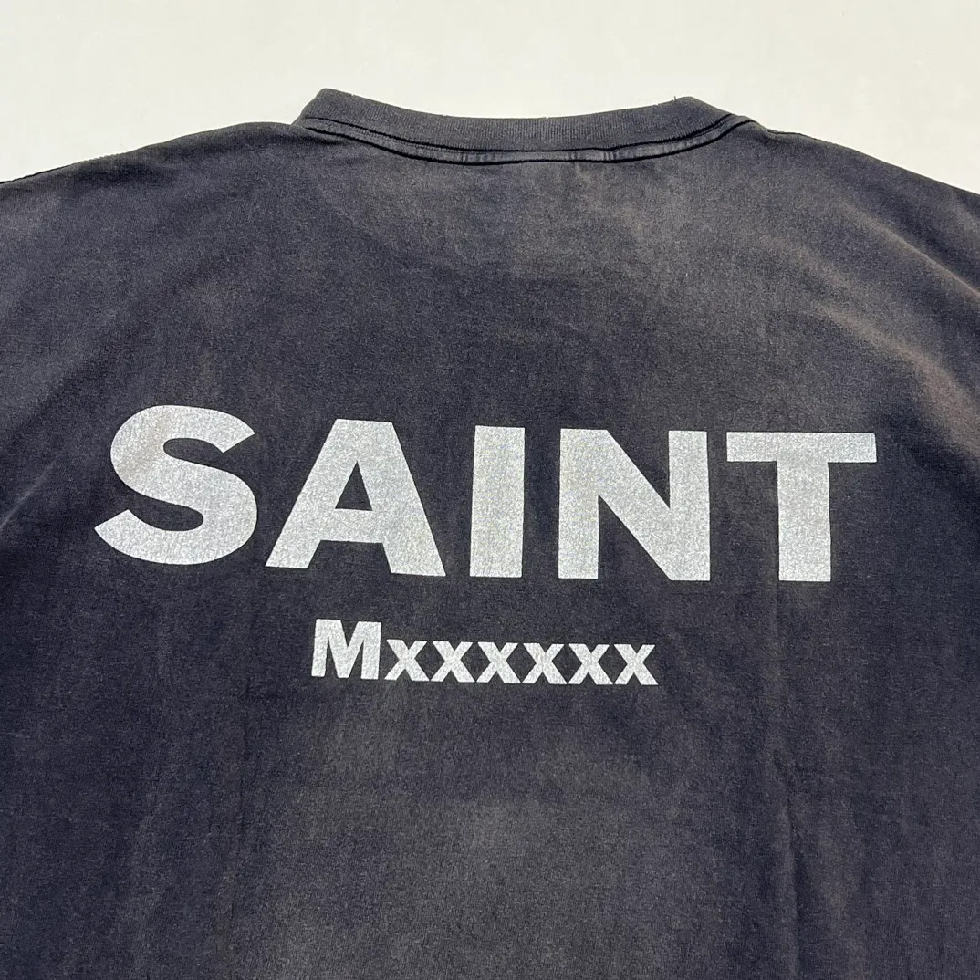 SAINT Mxxxxxx × EVANGELION NEON GNSIS TEE/BLK co-branded Neon Genesis Evangelion distressed short-sleeves, washed black S-XL, vintage NEW VINTAGE, top printing technology, garment dyeing, re-washed, distressed, correct co-branded main mark/washing mark